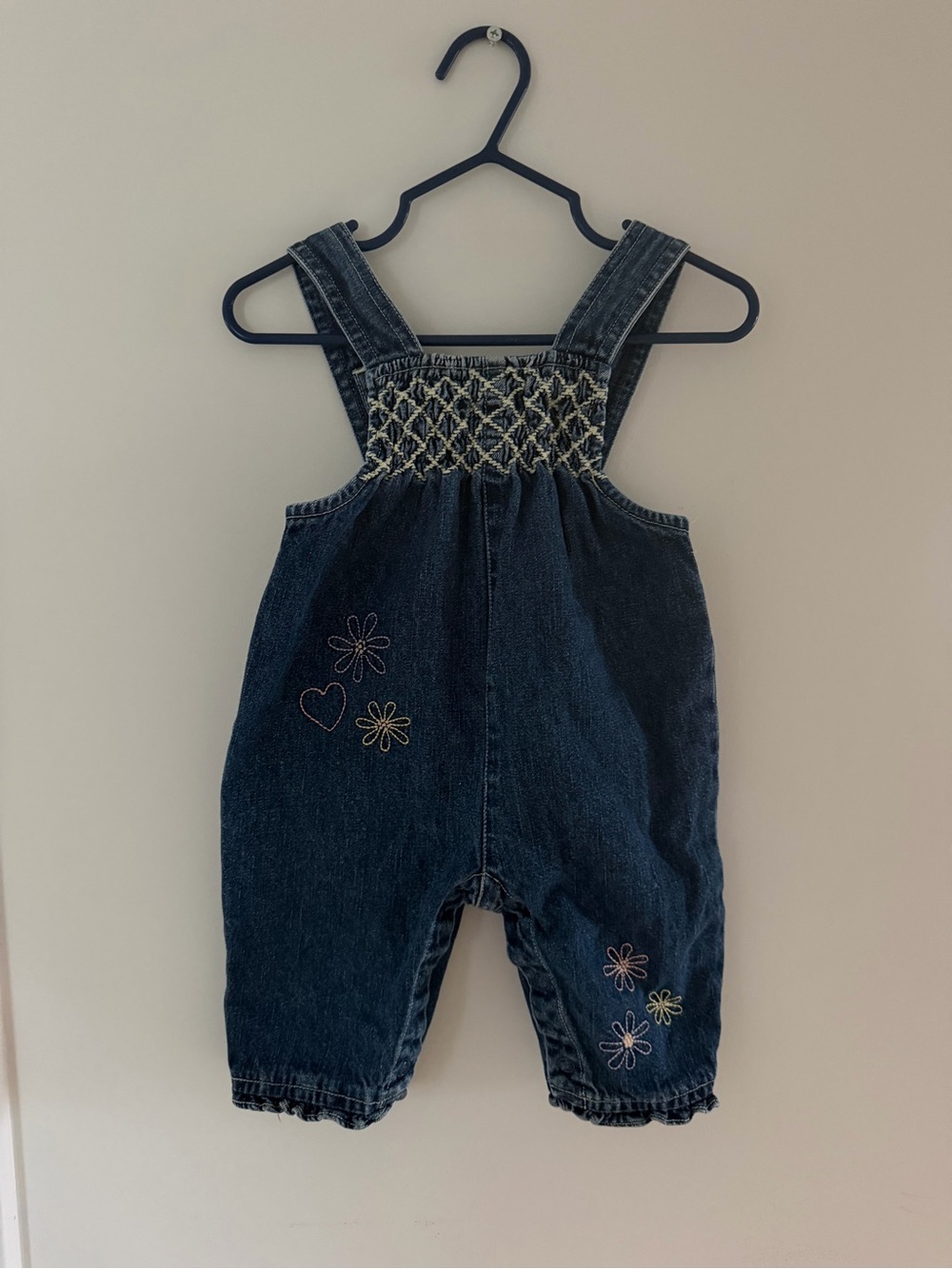Vintage Dark Blue Denim Bib Overalls with Multicolor Embroidery 6M